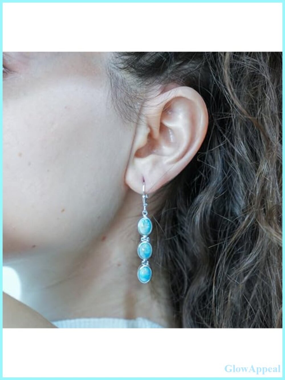 Sterling Silver Larimar Dangle Earrings 3 Stone Drop Leverback Women - Picture 2 of 2